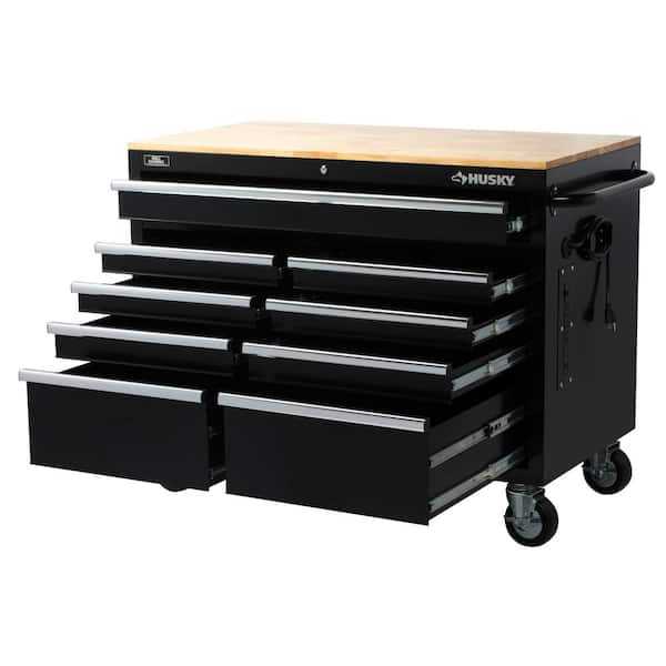 Husky H46MWC9V2 46 in. W x 24.5 in. D Standard Duty 9-Drawer Mobile Workbench Cabinet with Solid Wood Top in Gloss Black - 2