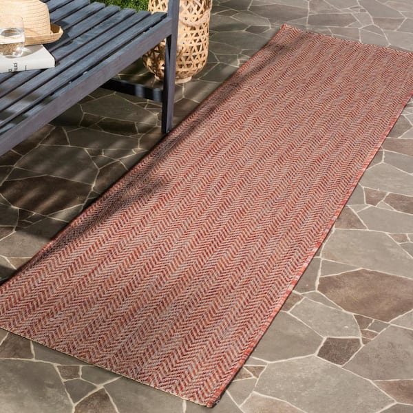 Courtyard Red/Beige 2 ft. x 16 ft. Solid Color Chevron Indoor/Outdoor Runner Rug