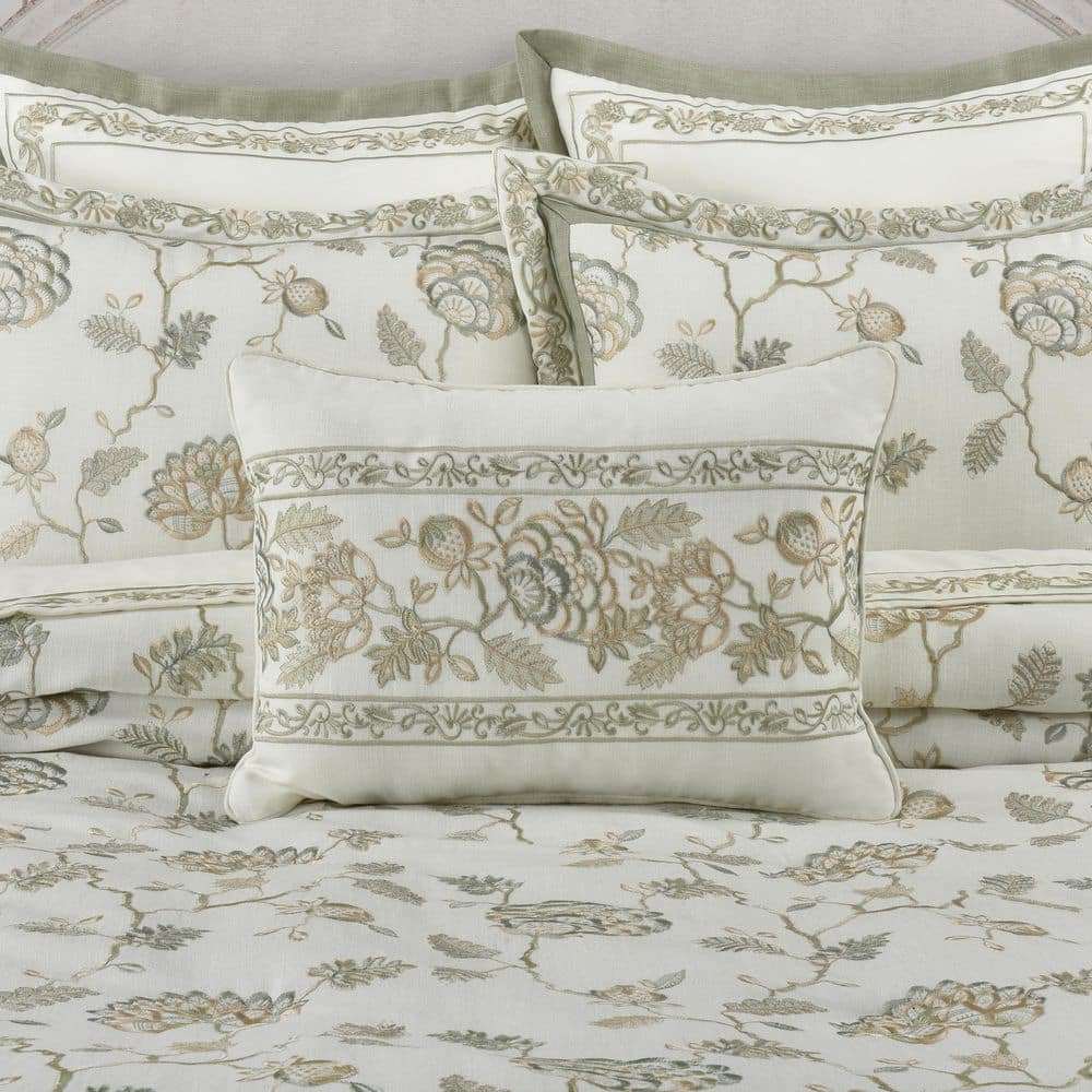 Sage Green and White Embroidered Rectangular Throw Pillow