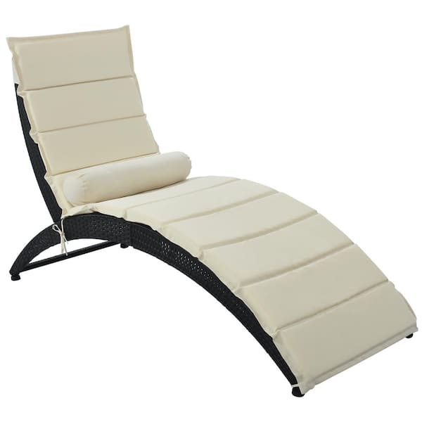 Polibi Black Frame Wicker Patio PE Rattan Foldable Outdoor Chaise Lounger with Beige Removable Cushion Set of 1