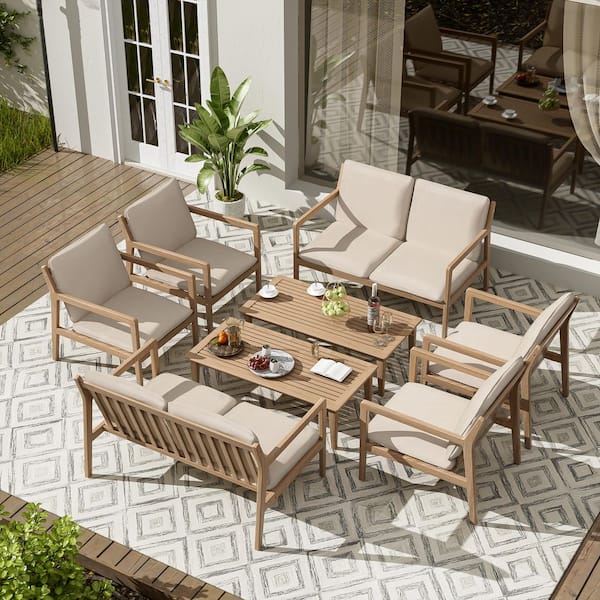 Agatha 8-Piece Outdoor Solid Wood Patio Conversation Set with Beige Cushions, Coffee Table, Light Teak