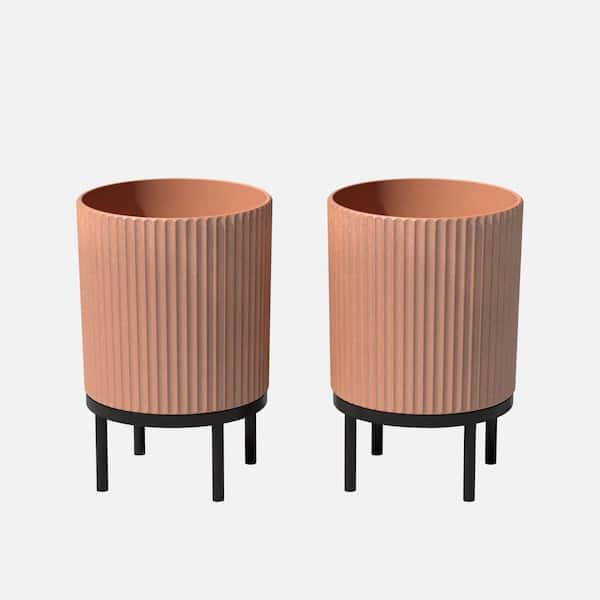 Veradek Demi Medium Terracotta Plastic Round Planter with Black Stand (15 in. L x 15 in. W x 22 in. H) (2-Pack)