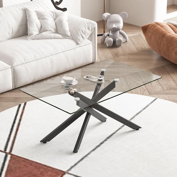 GOGEXX 39.37 in. Rectangle Clear Tempered Glass Coffee Table with Black Metal Legs, Modern Living Room Furniture