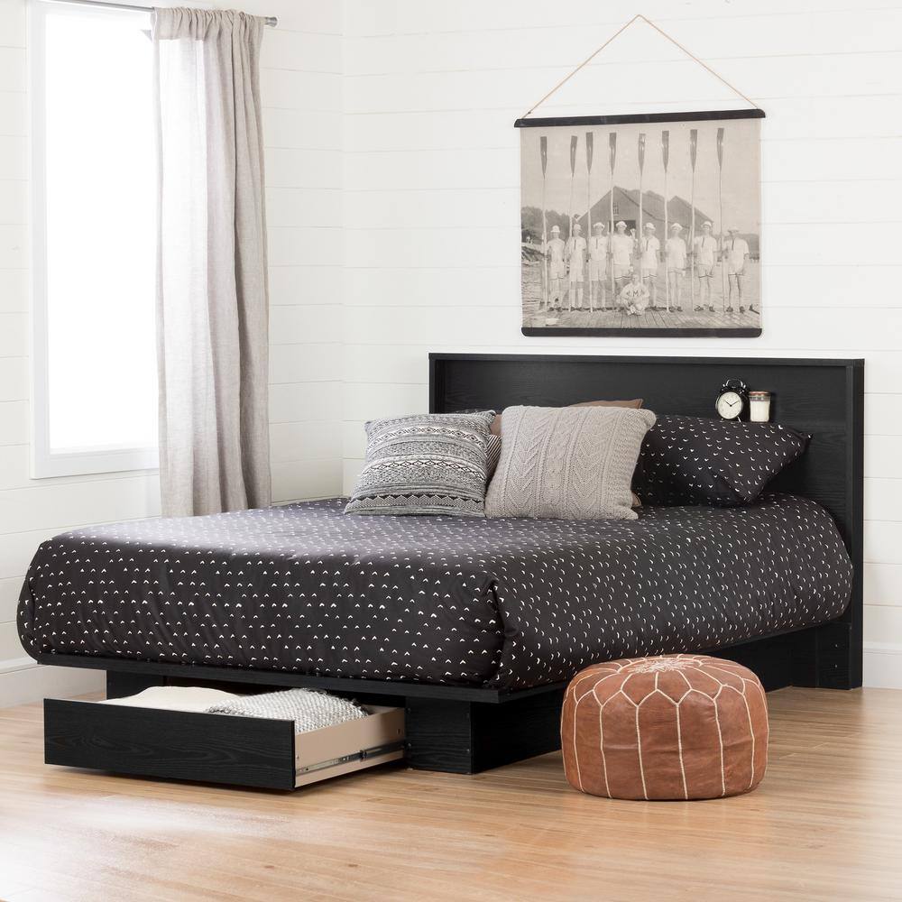 Black Oak Queen Platform Bed with Single Drawer