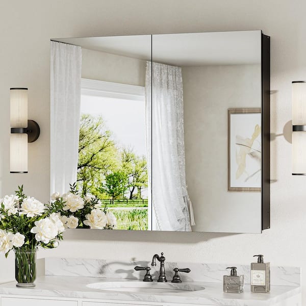 KeonJinn 30 in. W x 26 in. H Rectangular Frameless Aluminum Black Recessed or Surface Mount Medicine Cabinet with Mirror
