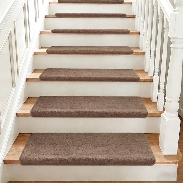 Brown 9.5 in. x 30 in. x 1.2 in. Plush Bullnose Carpet Stair Treads Cover Set of 7