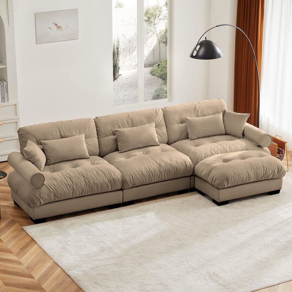 Dalton 130 in. Velvet Upholstered L Shape Sectional Sofa in. Camel+Black with Ottoman, Blostered Armrests, Pillows