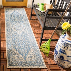 Beach House Blue/Cream 2 ft. x 8 ft. Oriental Indoor/Outdoor Patio  Runner Rug