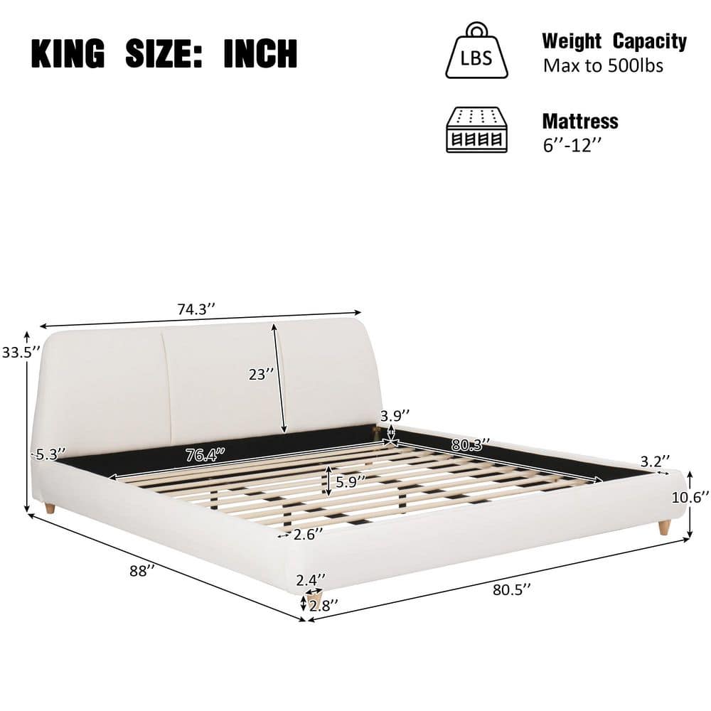 Luxe Modern White Linen Blend Upholstered Wood Frame King Size Platform Bed with Tufted Headboard - thumbnail 10