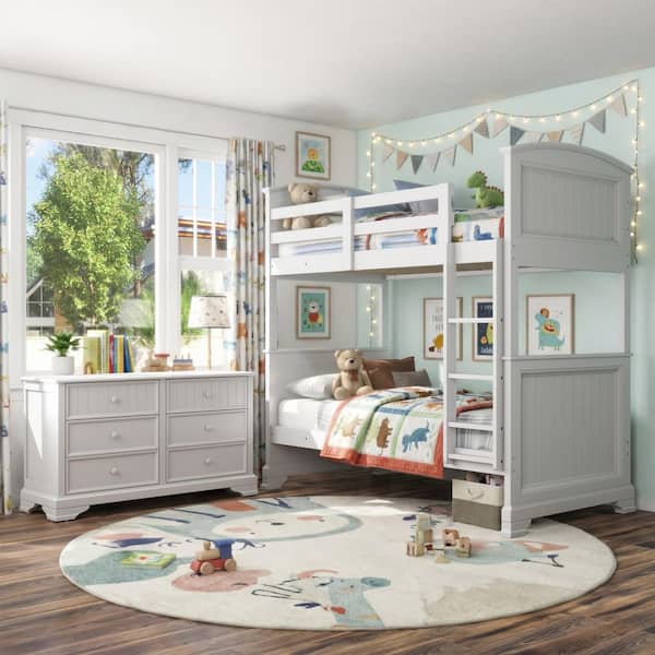 dresser bunk beds Furniture of America Gianne 2-Piece White Solid Wood Twin over Twin  Platform Bunk Bed and Dresser Set with Reversible Ladder IDF-BK107WHT-2D