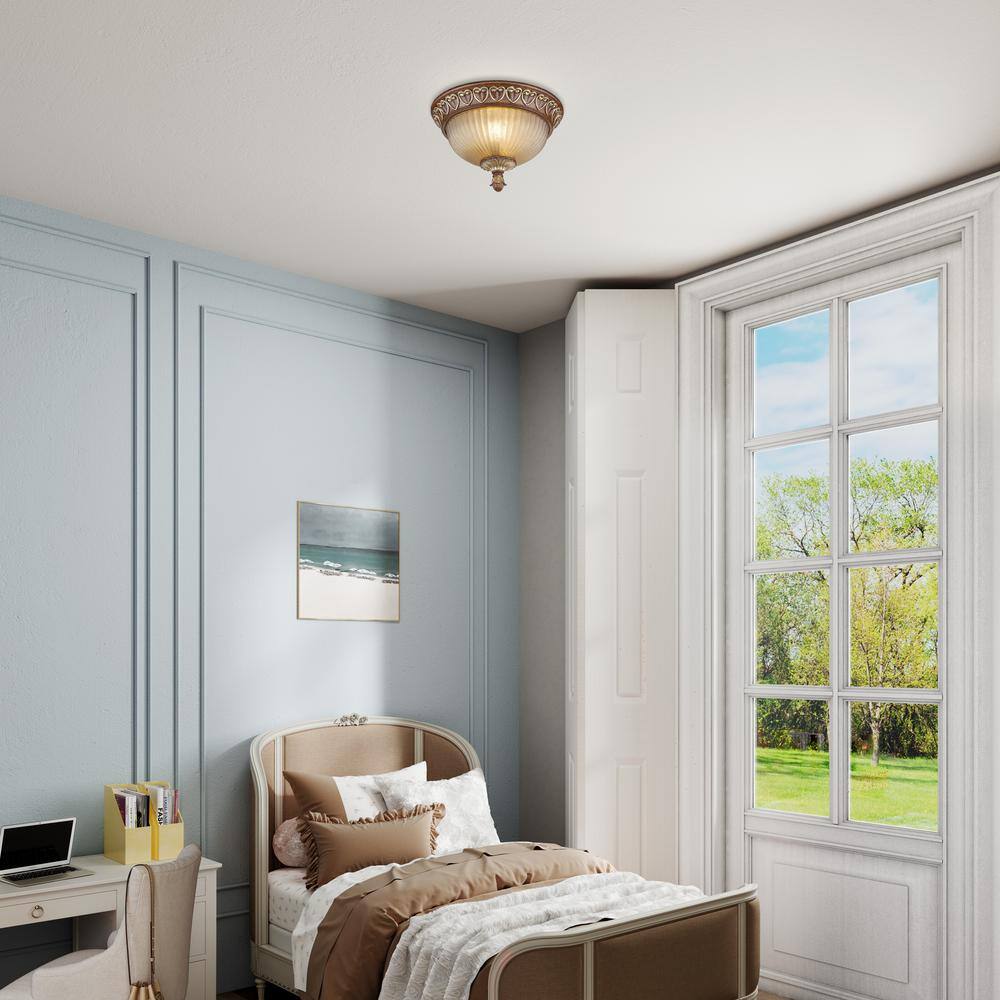 Verona Bronze & Aged Gold Leaf Dual-Light Flush Mount with Rustic Art Glass