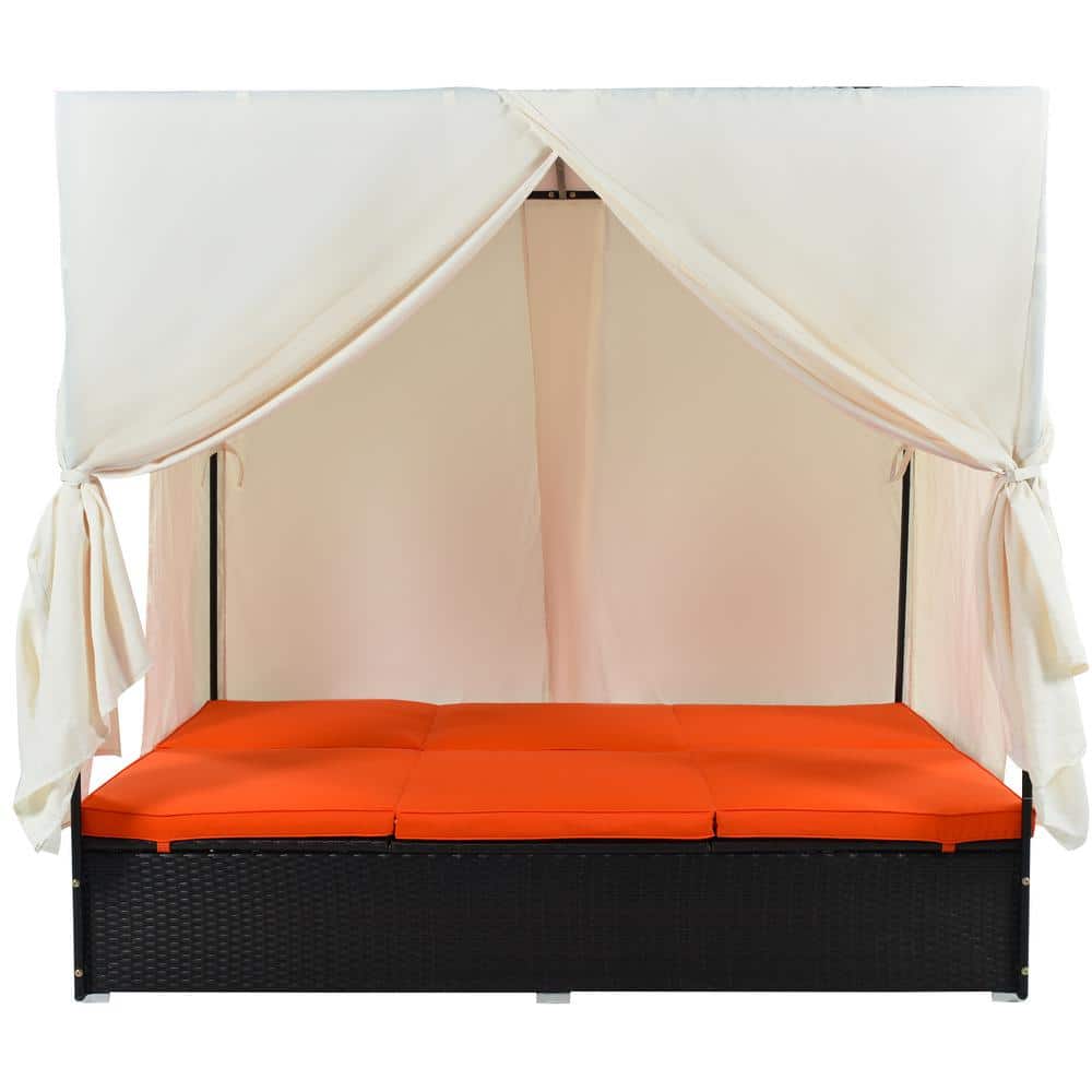 Patio Wicker Outdoor Day Bed with Orange Cushion and Adjustable Seats