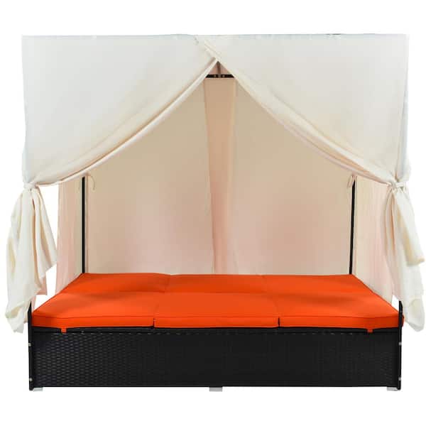 Unbranded Patio Wicker Outdoor Day Bed with Orange Cushion and Adjustable Seats