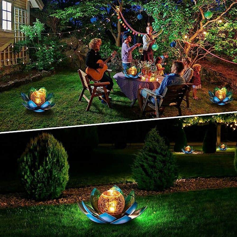 Blue and Amber Crackle Glass Lotus Solar Outdoor Light