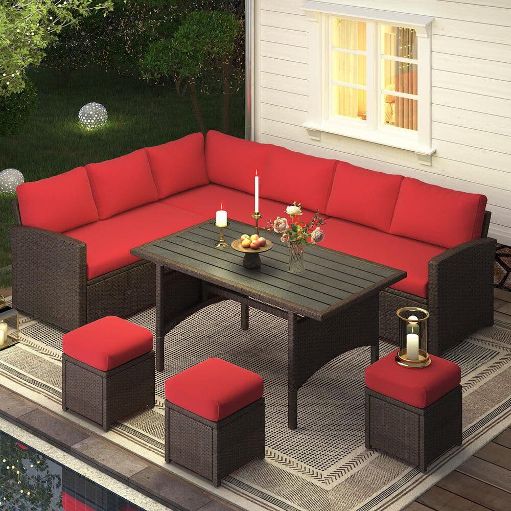 7-Piece Brown Wicker Outdoor Dining Set with Red Cushions price history on PriceWatchPro