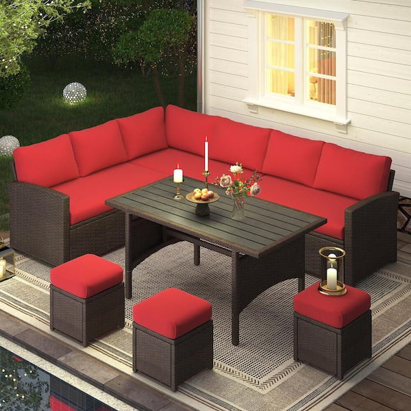 7-Piece Brown Wicker Outdoor Dining Set with Red Cushions