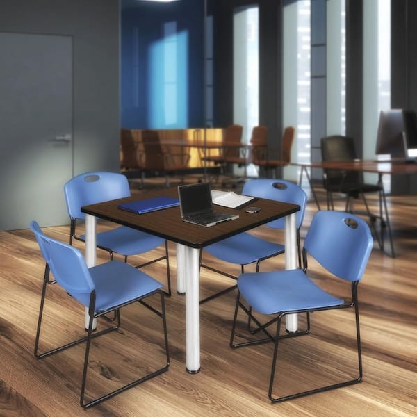 Kee 42 in. Neo Walnut Square Breakroom Table Desk and 4 Zeng Stack Chairs-Blue
