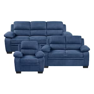 Deliah 80 in. W Straight Arm Textured Fabric Rectangle 3-Piece Living Room Sofa Set in Blue