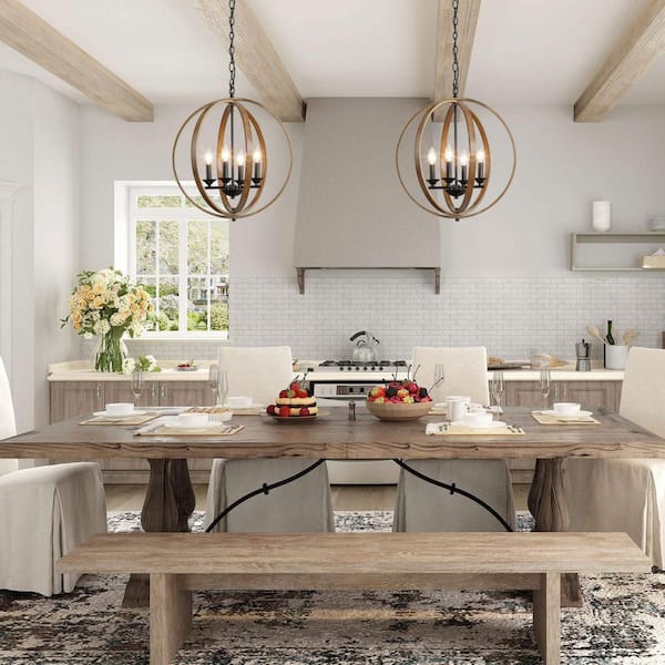 Modern Farmhouse 20 in. 4-Light Black Artisan Iron Orb Chandelier with Painted Pine Wood Accents Pendant Light