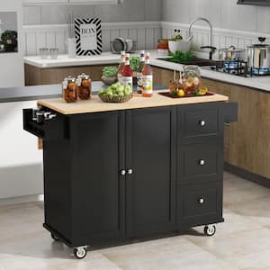 Black Solid Wood Top 52.7 in. W Rolling Mobile Kitchen Island with Drop Leaf Breakfast Bar, Spice Rack, Drawers