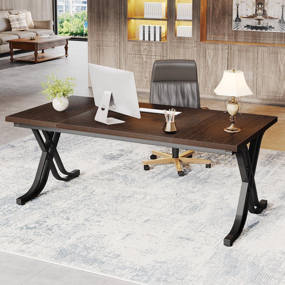 63-Inch Walnut Brown Executive Desk with Metal Frame
