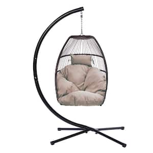 Outdoor 1-Person Wicker and Steel Patio Swing, Egg Chair with C Type Bracket, with Brown Cushion and Pillow