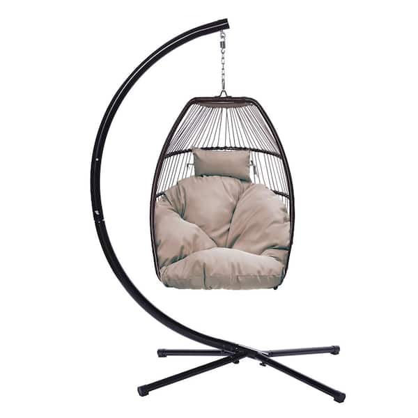 Anvil Outdoor 1-Person Wicker and Steel Patio Swing, Egg Chair with C Type Bracket, with Brown Cushion and Pillow
