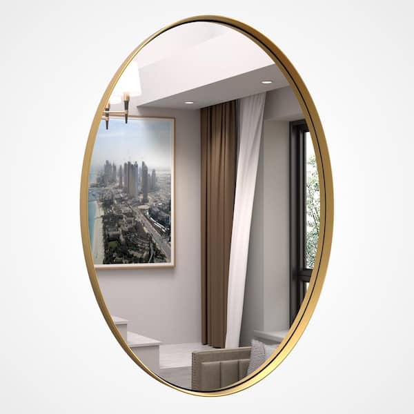 PRIMEPLUS 22 in. W x 30 in. H Medium Oval Mirrors Metal Framed Wall Mirrors Bathroom Mirror Vanity Mirror Accent Mirror in Gold