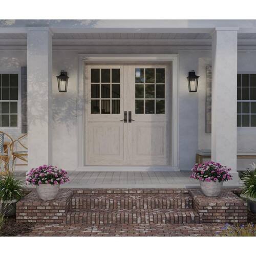 Padgett 1-Light Textured Black Hardwired Outdoor Wall Lantern with Clear Seeded Glass Shade Transitional Home