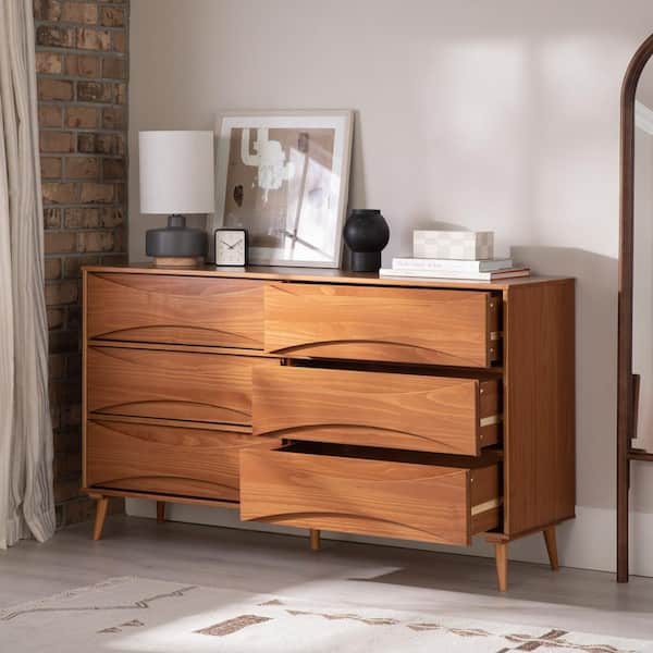 Mid-Century Modern Caramel 6-Drawer 58.5 in. Dresser with Curved Detailing