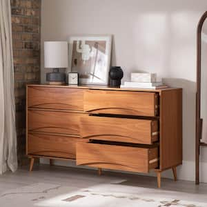 Mid-Century Modern Caramel 6-Drawer 58.5 in. Dresser with Curved Detailing