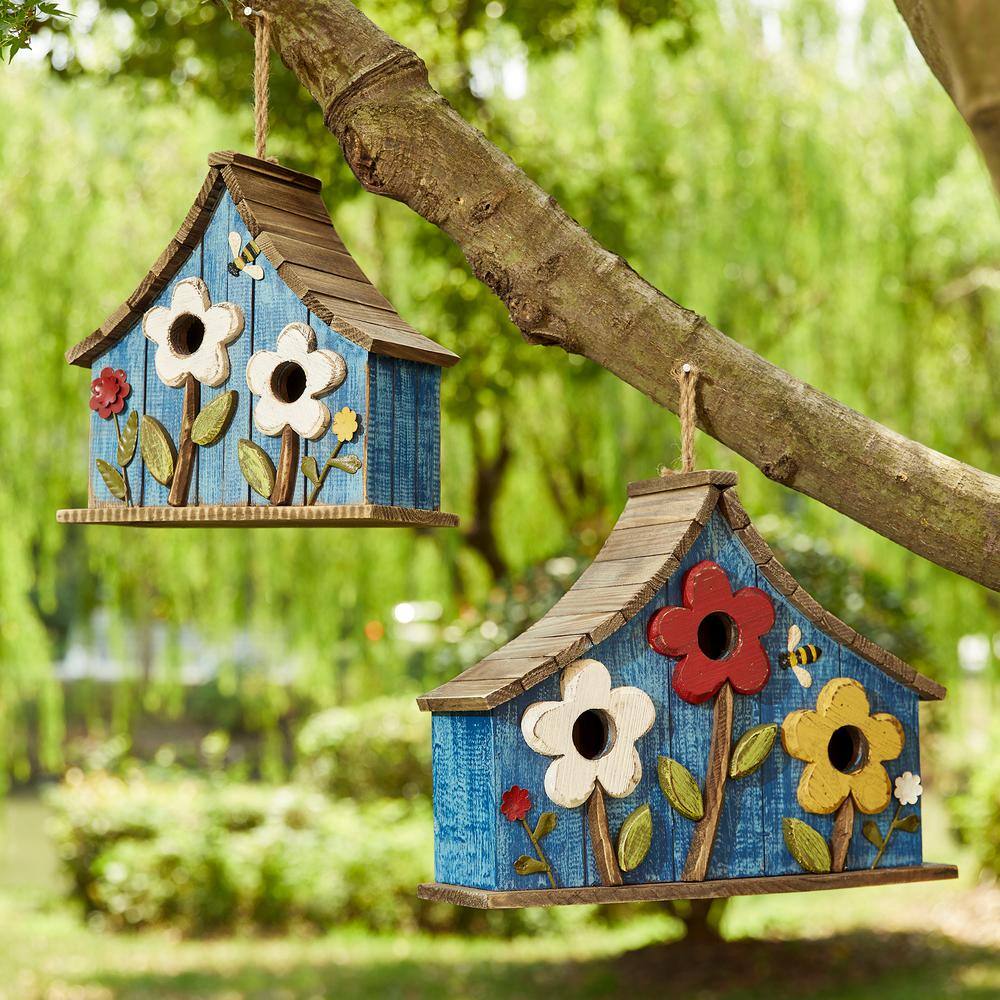 Oversized Blue Wooden Birdhouse with 3D Flowers