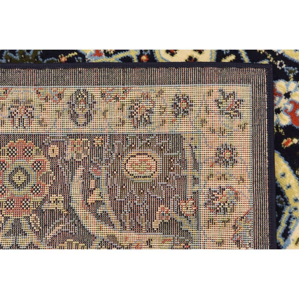 Navy Blue and Beige Floral Synthetic Runner Rug