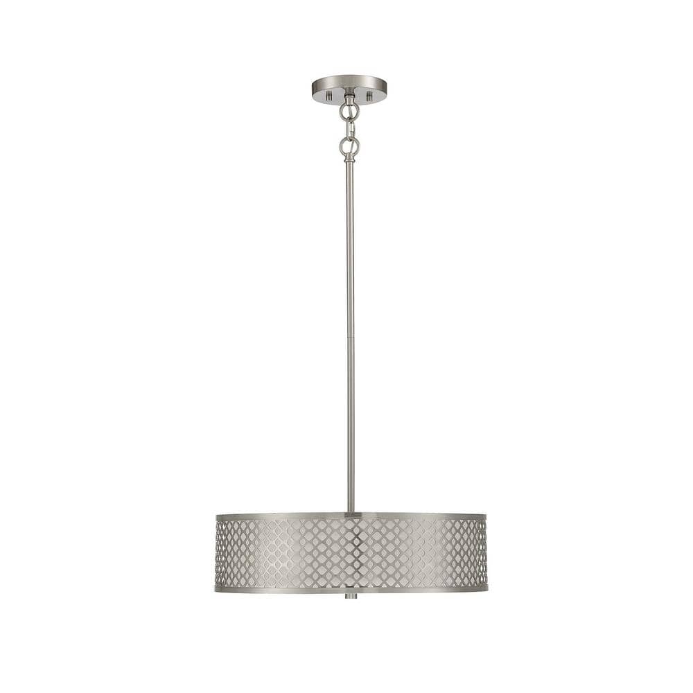 Brushed Nickel 3-Light Drum Pendant with White Fabric Shade