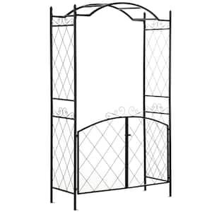 84.75 in. x 50.5 in. Black Metal Arch Arbor Arch Trellis with Gate for Climbing Vines, Wedding Ceremony Decoration