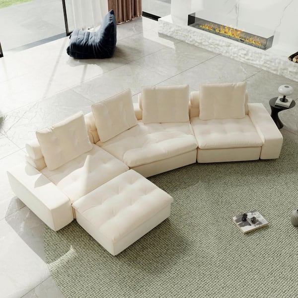Magic Home 176.4 in. Square arm Rectangle 3-Seater Frosted Velvet Free Combination Modular Sectional Sofa with Ottoman in. Beige