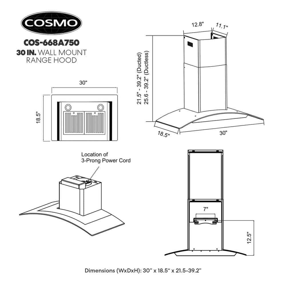 Cosmo 30" Stainless Steel Convertible Wall Mount Range Hood