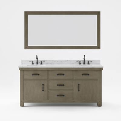Aberdeen 72 in. W x 34 in. H Vanity in Gray with Marble Vanity Top in Carrara White with White Basins Mirror Faucets