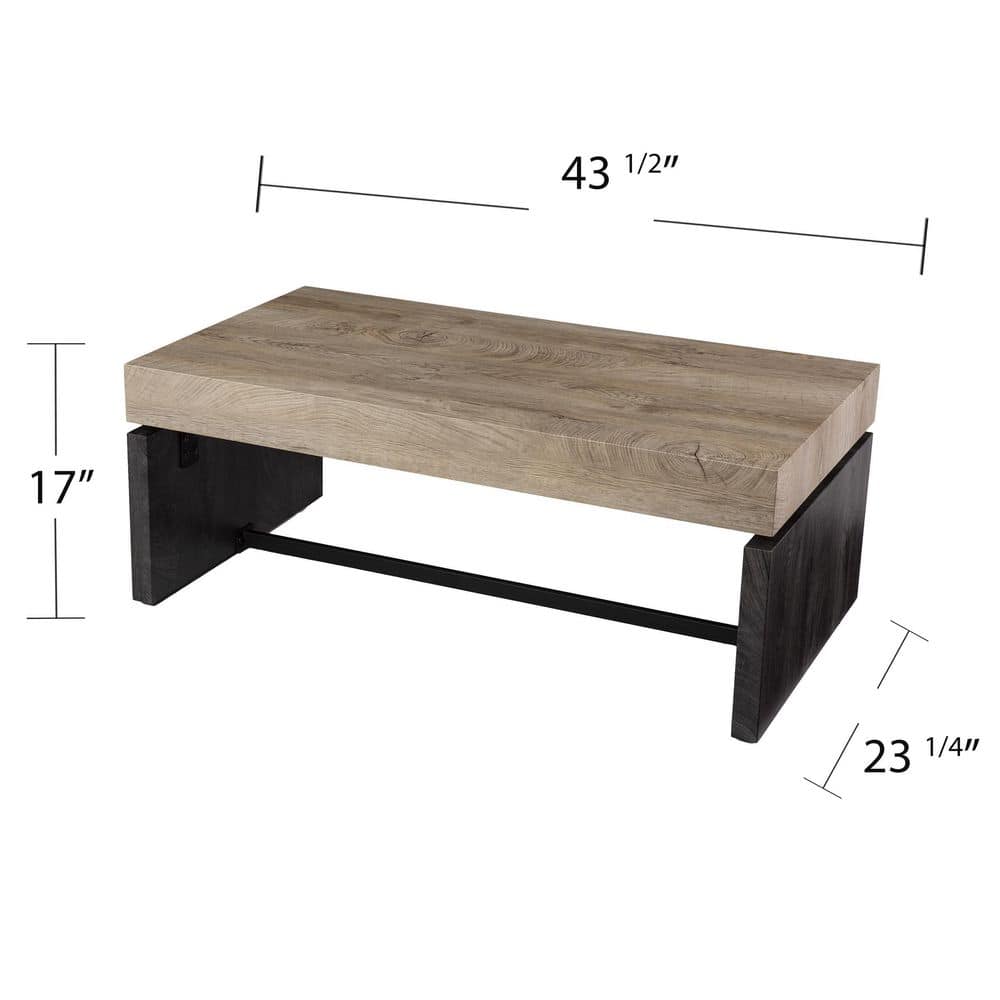 Natural and Black Rectangular Wood and Metal Cocktail Table
