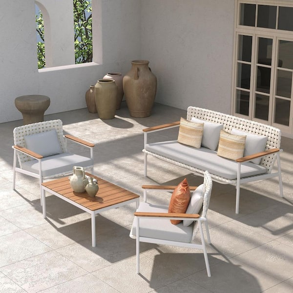 4-Piece Patio Conversation Set with Cushions Extra Wide Wicker Loveseat Sofa Arm Chairs and Fake Wood Grain Coffee Table