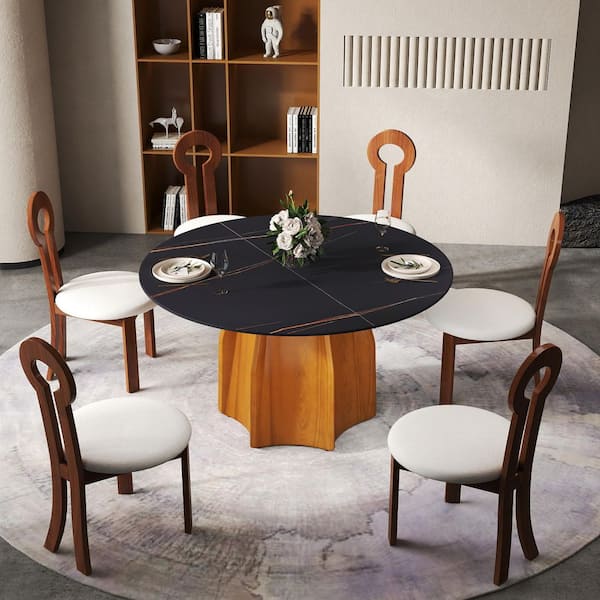 Magic Home 53.15 in. Black Round Sintered Stone Tabletop Walnut Pedestal Base Kitchen Dining Table (Seats-6)