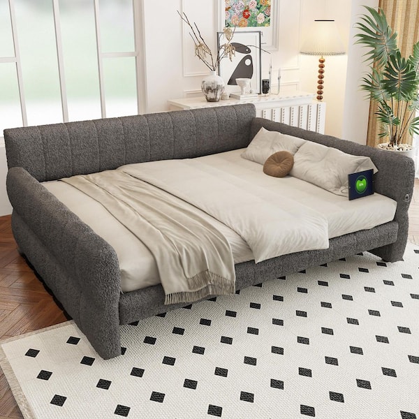Gray King-Size (Larger than Queen) Lambswool Upholstered Daybed with USB Charging Armrest and Tufted Backrest