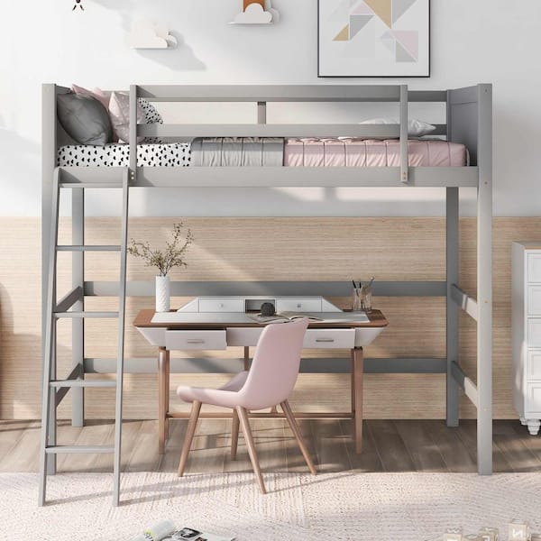 Polibi Gray Solid Wood Twin Size Loft Bed with Ladder