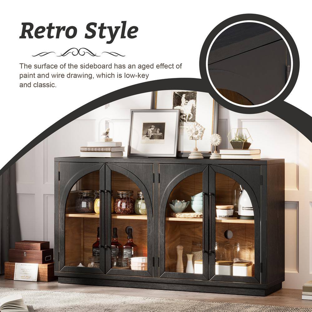 Retro Black Solid Wood 60" Sideboard Buffet Cabinet with Glass Doors