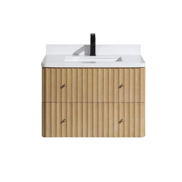 LaJolla 30 in. W x 21 in. D x 22 H Single Floating Bath Vanity in Oak w/Engineered Quartz Top in White with White Basin