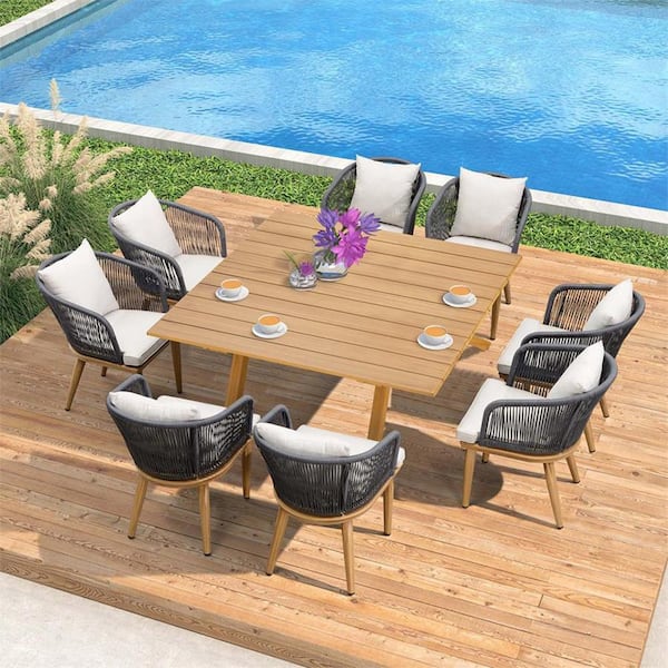 PURPLE LEAF Teak-Finish 9-Piece Wicker Square Aluminum Frame Outdoor Dining Set and Pillows with Beige Cushions