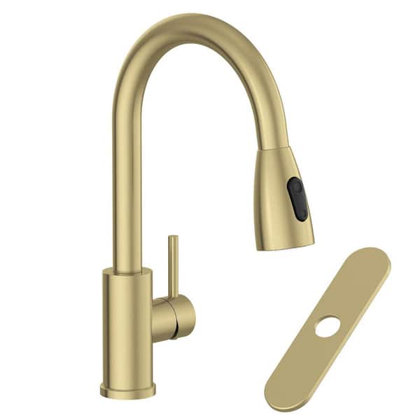 14.96 in. Single Handle Pull Down Sprayer Kitchen Faucet with 2-Spray 360° Spout Swivel in Spot Resist in Brushed Gold