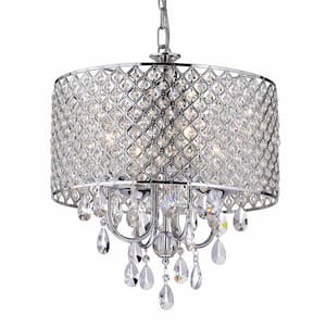 16.93 in. 4-Light Chrome Crystal Chandelier with Drum Shade, Modern Celling Light