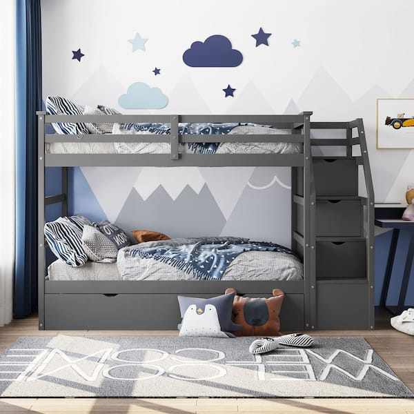 Gray Twin Over Twin Wood Bunk Bed with Twin Size Trundle and Storage Stairs
