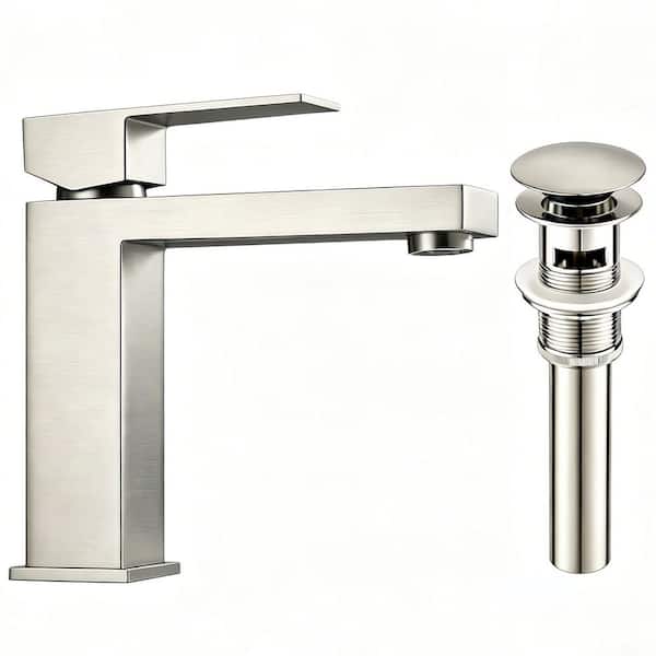 Basin Faucet Single Handle Bathroom Sink Faucet 15° Spout with Pop-Up Drain Set in Stainless Brushed Nickel